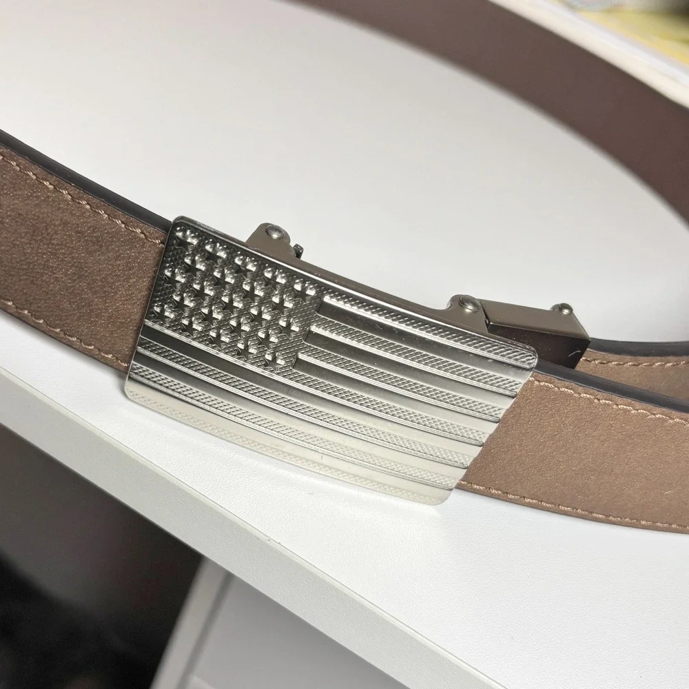 Kore Essentials Mens Gun Leather Belt 44 Brown American Flag Adj Ratchet Buckle